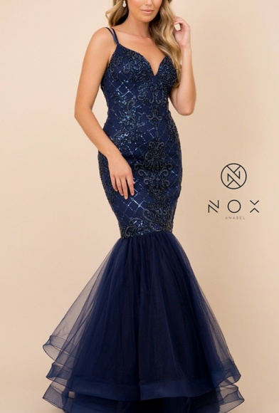 Navy blue prom dress, formal long mermaid open back gown - Picture 3 of 7